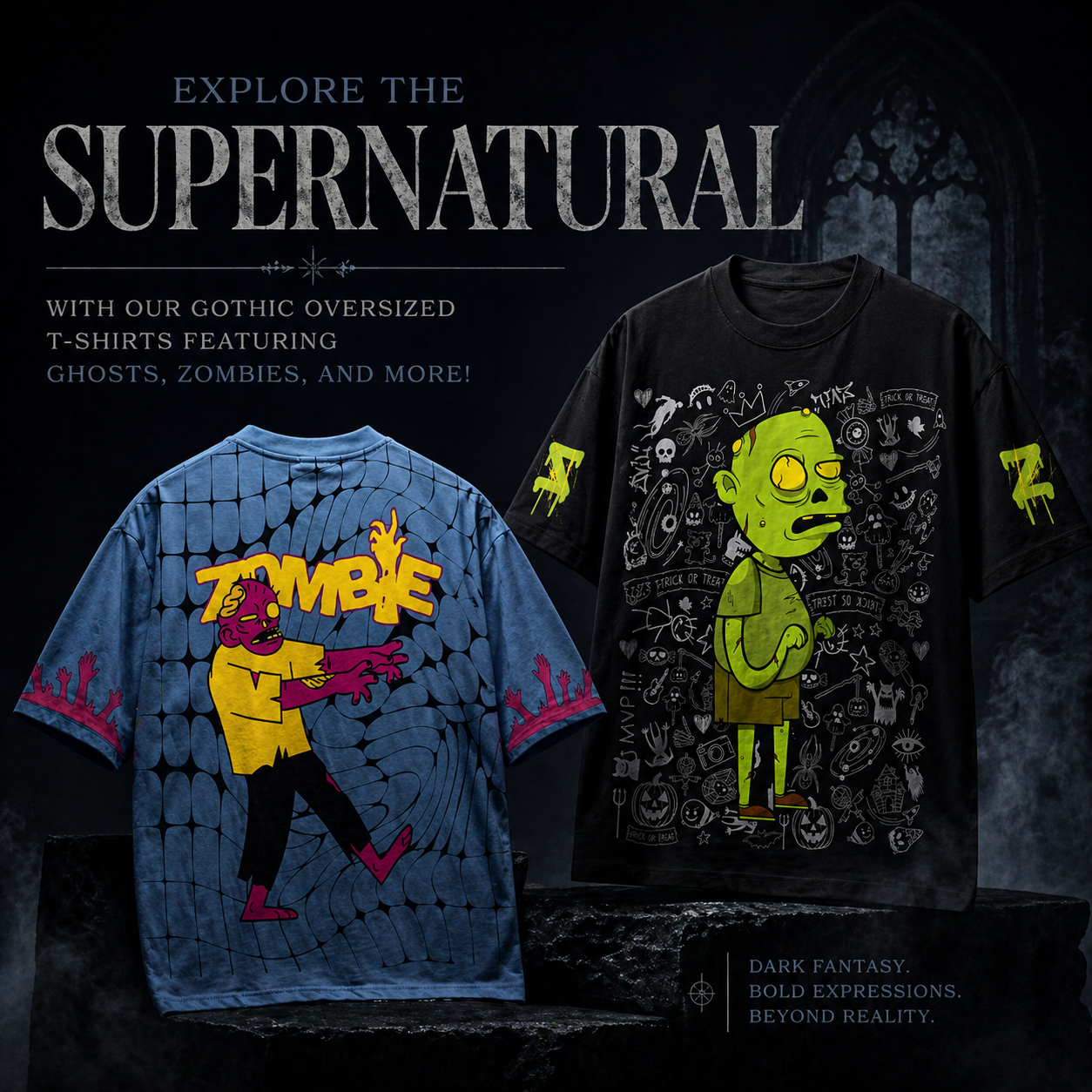 EXPLORE THE SUPERNATURAL WITH OUR GOTHIC OVERSIZED T-SHIRTS FEATURING GHOSTS, ZOMBIES, AND MORE!
